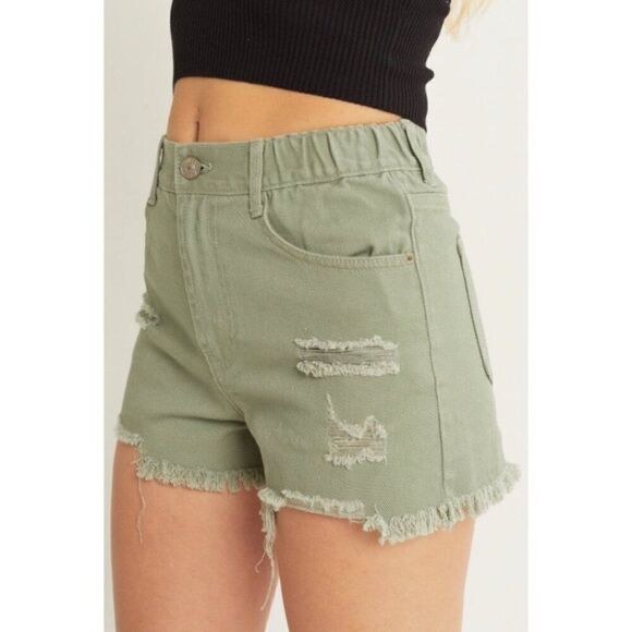 NWT Love Tree Olive Green Distressed Shorts-Destroyed Hem  Size Medium - Picture 14 of 15